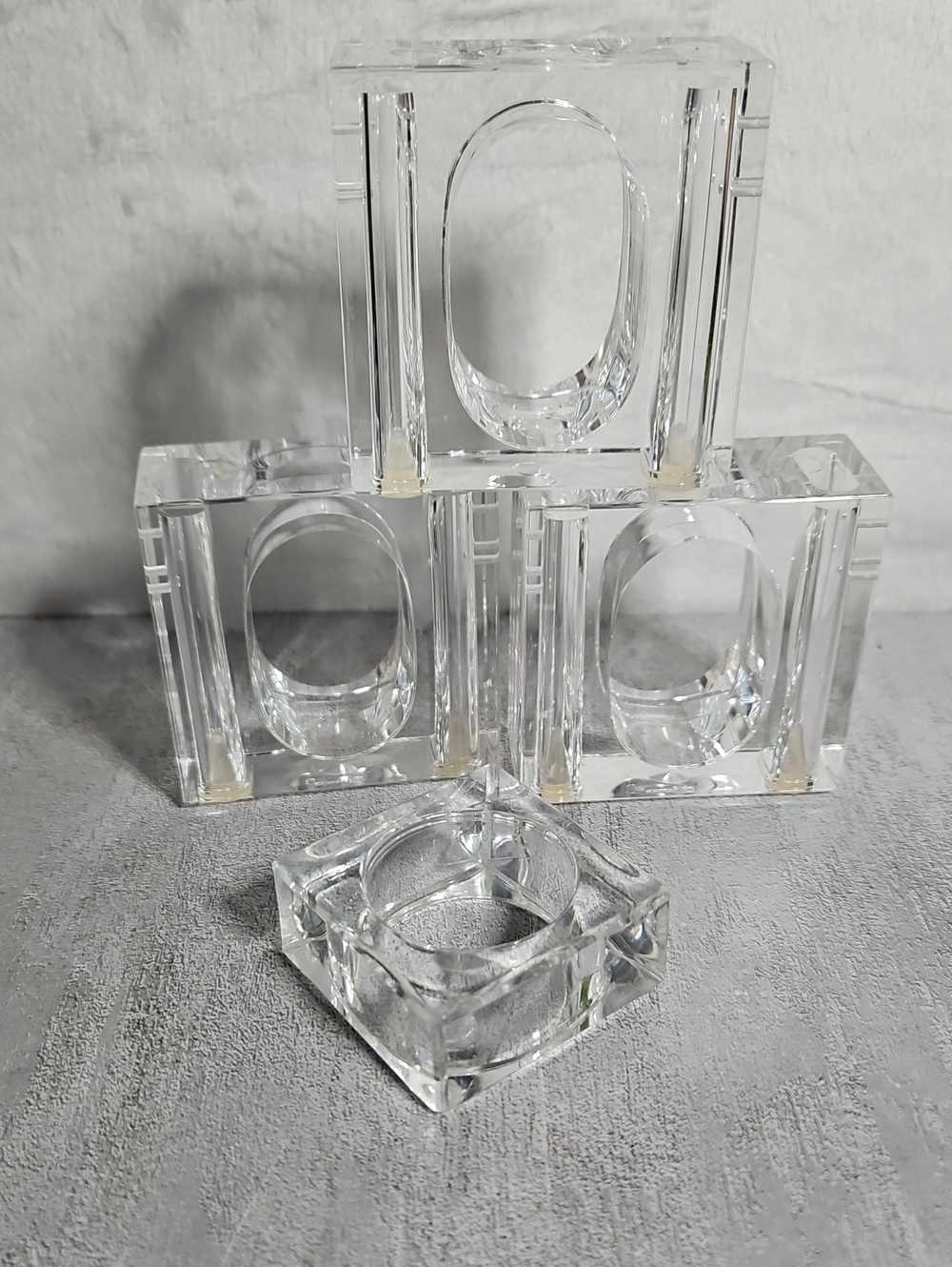 Vintage set 4 LUCITE Napkin Holder ring 3 Salt & Pepper Shaker combo. MCM 1970s
